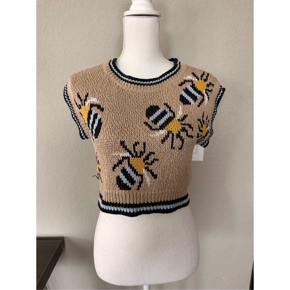 Anthropologie Beige Bee Intarsia Short-Sleeve Crew Sweater - Picture 3 of 9